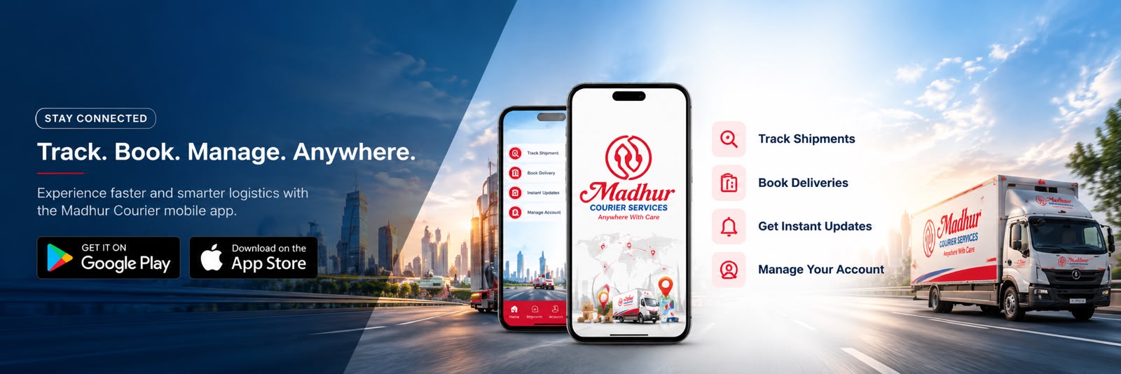 Madhur Courier mobile app — Track. Book. Manage. Anywhere. Track shipments, book deliveries, get instant updates and manage your account.